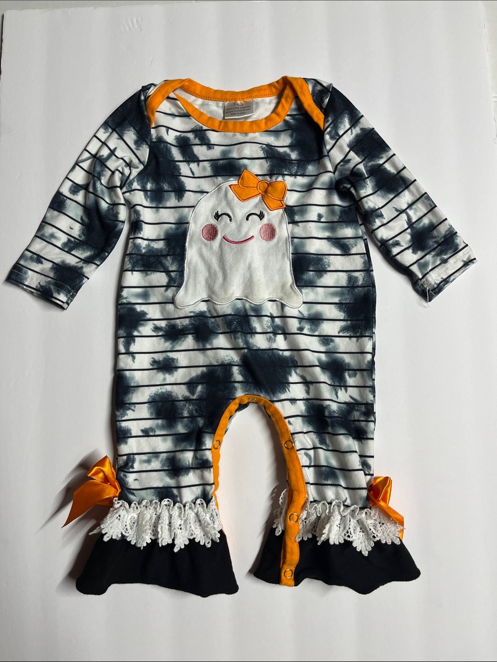 Kids Ghost One-Piece Romper in Black & White with Orange Trim